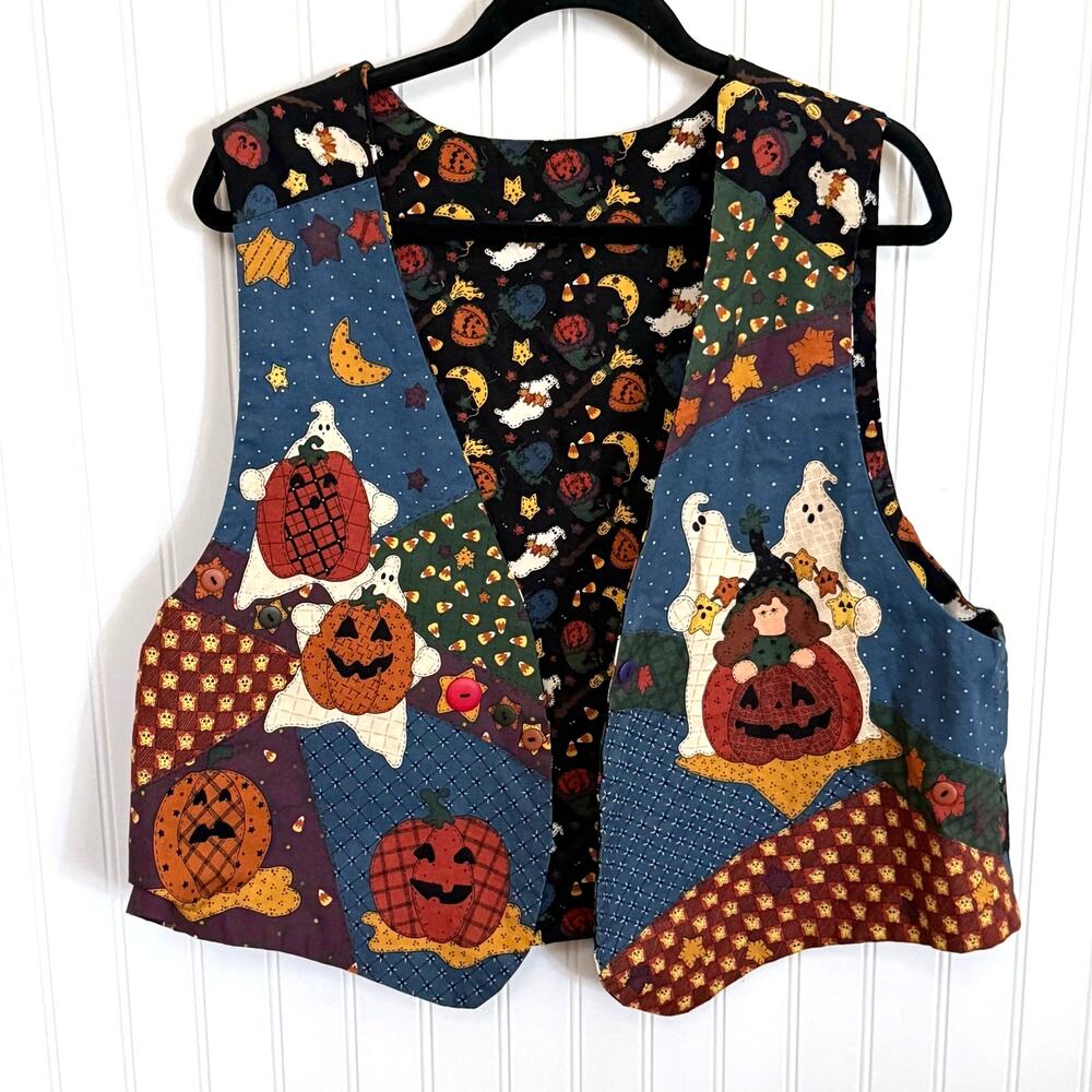 Vtg 90's Halloween vest reversible patchwork pumpkins ghost witch one size